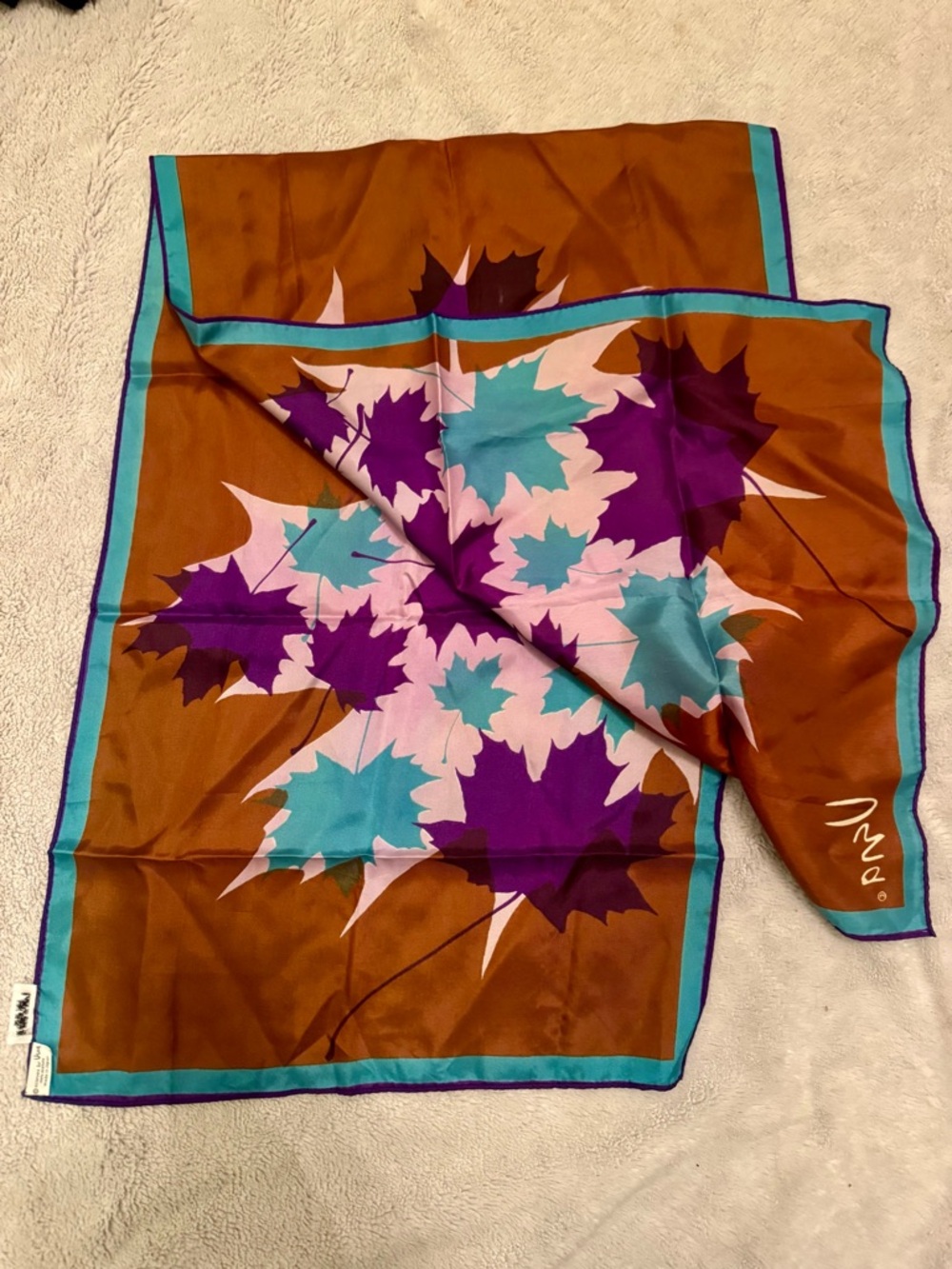 Vera Neumann Oblong Scarf 44x15 Brown Teal Purple Leaves Japan Vintage - Picture 2 of 9
